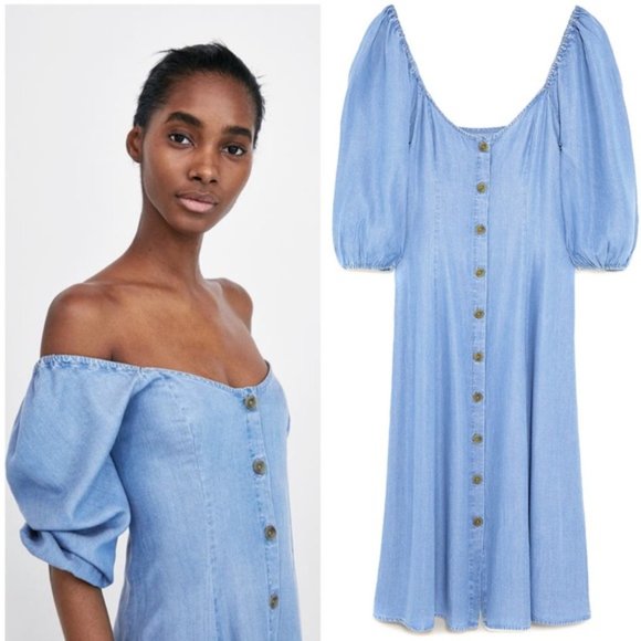 Zara Dresses & Skirts - Zara Premium Denim Chambray Off Shoulder Dress M